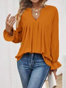 SHEIN LUNE Notched Neck Flounce Sleeve Plicated Detail Blouse - Khaki - View 2