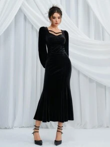 DAZY Vestido de terciopelo con cuello de corazón, mangas farol y bajo de cola de sirena, con volantes, vestido de otoño y vestido de graduación - Negro - Ver 2