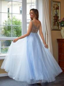 Contrast Sequin Mesh Prom Dress Prom Dresses For Women - Baby Blue - View 2