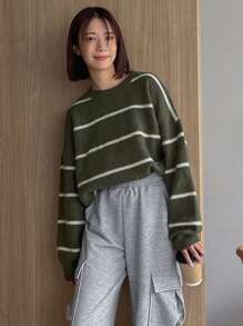 FRIFUL Striped Pattern Drop Shoulder Sweater,Long Sleeve Tops,Fall Clothes