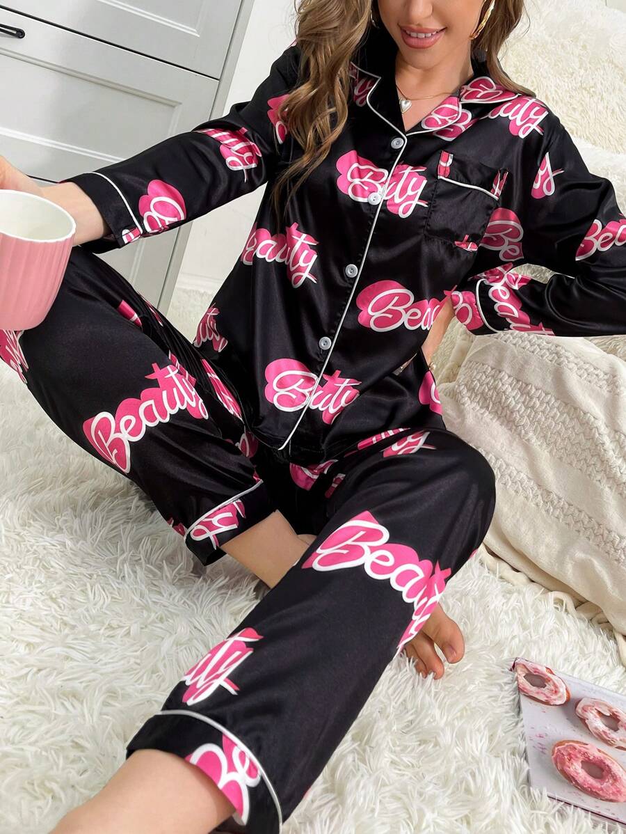 Letter Graphic Contrast Piping Satin PJ Set / Pajama Set, Fall Clothes Cozy And Elegant Details, Winter - Black - View 1