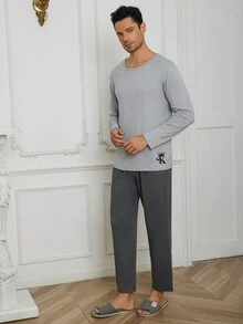 Men Letter Graphic PJ Set - Grey - View 3