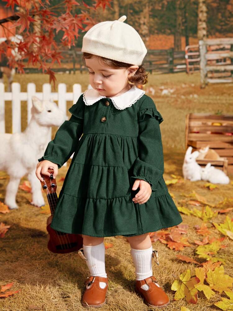 Baby Girl Contrast Collar Ruffle Hem Smock Dress