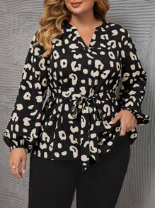 SHEIN LUNE Plus Leopard Print Lantern Sleeve Belted Blouse - Multicolor - View 5