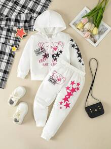 SHEIN Kleines Mädchen Jogginghose & Hoodie Bär & Buchstabe Grafik