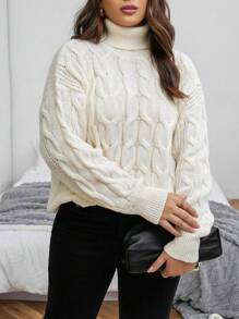 SHEIN CURVE+ 大碼高領麻花編織落肩袖套頭毛衣 - 米色 - 查看 3
