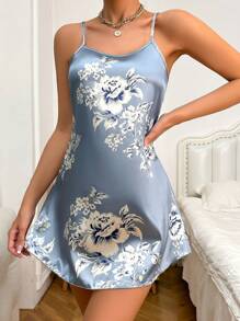 Floral Print Satin Cami Pajama Nightdress Silk Night Dresssilk Dressessatin Dresssilk Dress Luxeloungewear - Dusty Blue - View 4