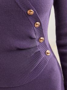 Modelyn 圍裹細節紐扣細節緊身毛衣洋裝 - 紫色 - 查看 6