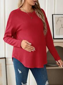 SHEIN 孕婦落肩袖弧形下擺T恤 - 酒紅色 - 查看 1