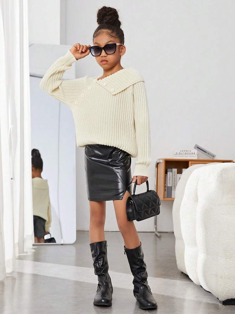 Tween Girl Asymmetrical Neck Raglan Sleeve Ribbed Knit Sweater