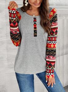 SHEIN LUNE Camiseta con estampado geométrico con botón - Gris - Ver 5