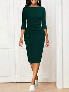 素色荷葉邊褶邊緊身洋裝 - 墨綠色 - 查看 3
