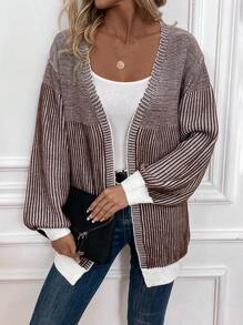SHEIN LUNE Striped Pattern Drop Shoulder Duster Cardigan - Coffee Brown - View 6
