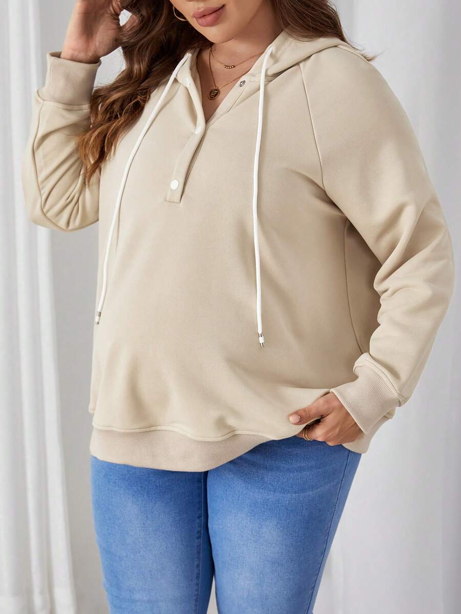 SHEIN Maternidad Talla grande Sudadera con capucha de manga raglán con cordón - Caqui - Ver 1