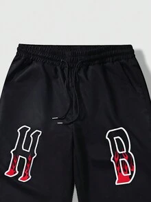 ROMWE MEN Street Life Nam Đồ họa Chữ cái Eo dây rút Quần - màu đen - Xem 5