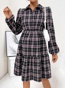 SHEIN Thai sản In kẻ sọc Tay áo lồng đèn Xù Hoa Sen Đầm - màu đen - Xem 3