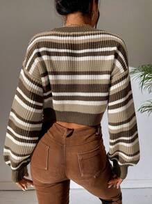 Flirla Striped Pattern Lantern Sleeve Crop Sweater,Ladies Spring/Fall Casual Long Sleeve Regular Fit Multicolor Bishop Sleeve Pullovers Women Sweaters,Long Sleeve Tops Knit Pullover Fall Winter Sweater - Multicolor - View 2