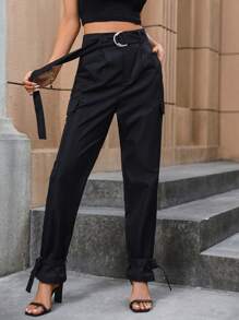 SHEIN Unity 高腰束帶翻蓋細部長褲 - 黑色 - 查看 3