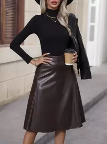 Chiquease 高腰PU皮革A字半身裙 - 棕色 - 查看 6