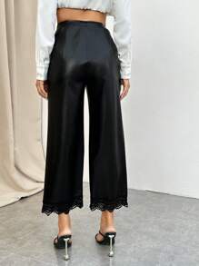SHEIN Privé Contrast Lace Hem PU Leather Pants