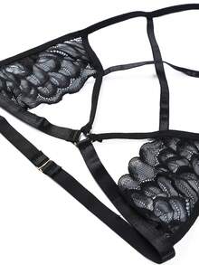 Classic Sexy Floral Lace Criss Cross Lingerie Set - Black - View 5