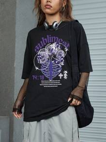 ROMWE Grunge Punk 骷髏&標語圖案落肩T恤 - 黑色 - 查看 5