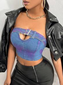 SHEIN SXY 前鏤空抹胸牛仔上衣 - 中等水洗藍 - 查看 4