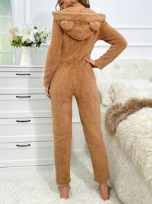 3D Ear Design Hooded Zipper Front Flannel Sleep Jumpsuit - Coffee Brown - View 2