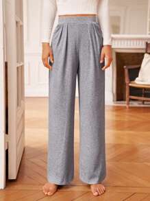 SHEIN Frenchy 素色斜口袋闊腿褲 - 灰色 - 查看 3