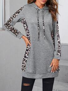 EMERY ROSE 拼接豹紋抽繩連帽衛衣 - 深灰色 - 查看 1