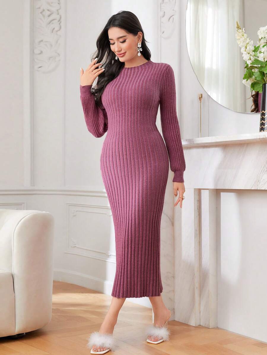 Modelyn Solid Ribbed Knit Sweater Dress - Red - View 1