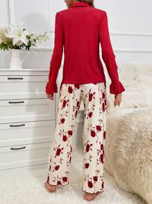 撞色滚边口袋贴布衬衫和花卉印花裤睡衣套装/睡衣套装 - 紅色 - 查看 2