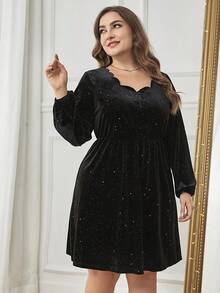 SHEIN LUNE 大碼貝殼邊燈籠袖貝殼邊絲絨洋裝