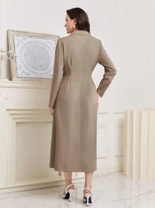 Seusyu Solid Lapel Neck Dress - Khaki - View 2