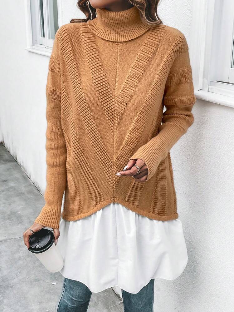 Turtleneck Drop Shoulder 2 In 1 Knit Pullover Fall Winter Sweater