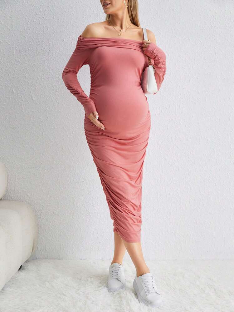 Maternity Off Shoulder Ruched Side Bodycon Dress