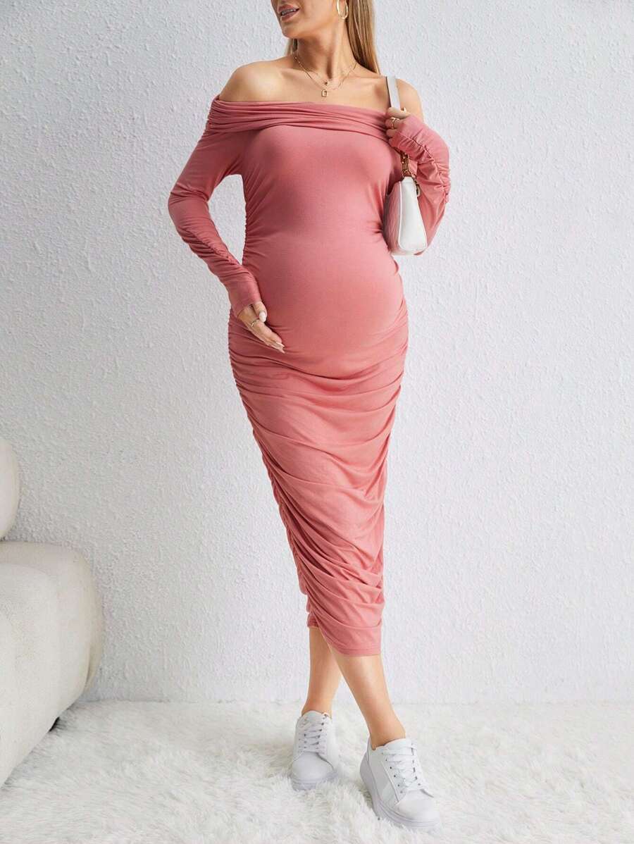 SHEIN Maternidad Vestido ajustado de hombros descubiertos fruncido lateral - Rosa - Ver 1