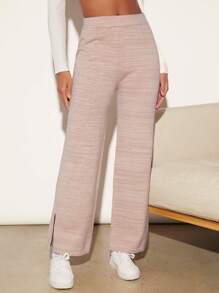 SHEIN BASICS Split Hem Straight Leg Sweater Pants - Khaki - View 6