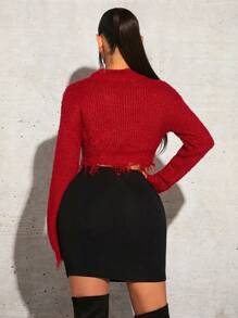 SHEIN SXY Chất rắn Đau khổ Áo len Crop - Đỏ - Xem 2