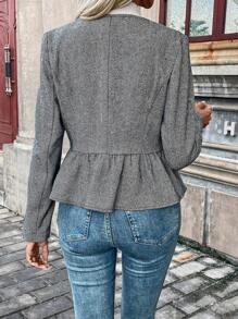 SHEIN Frenchy 人字形前紐扣荷葉邊下擺花呢外套 - 灰色 - 查看 2