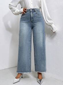 SHEIN Privé Rhinestone Split Thigh Raw Hem Wide Leg Jeans - Light Wash - View 5