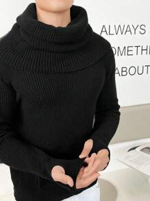 Manfinity RebelGame 男士素色堆堆領條紋針織套頭毛衣 - 黑色 - 查看 4