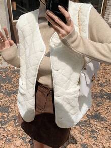 DAZY Nút áo xuyên thấu qua áo khoác Teddy - Màu be - Xem 2