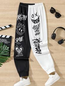 SHEIN Tween Boy Cartoon & Letter Graphic Two Tone Sweatpants - Black and White - View 1