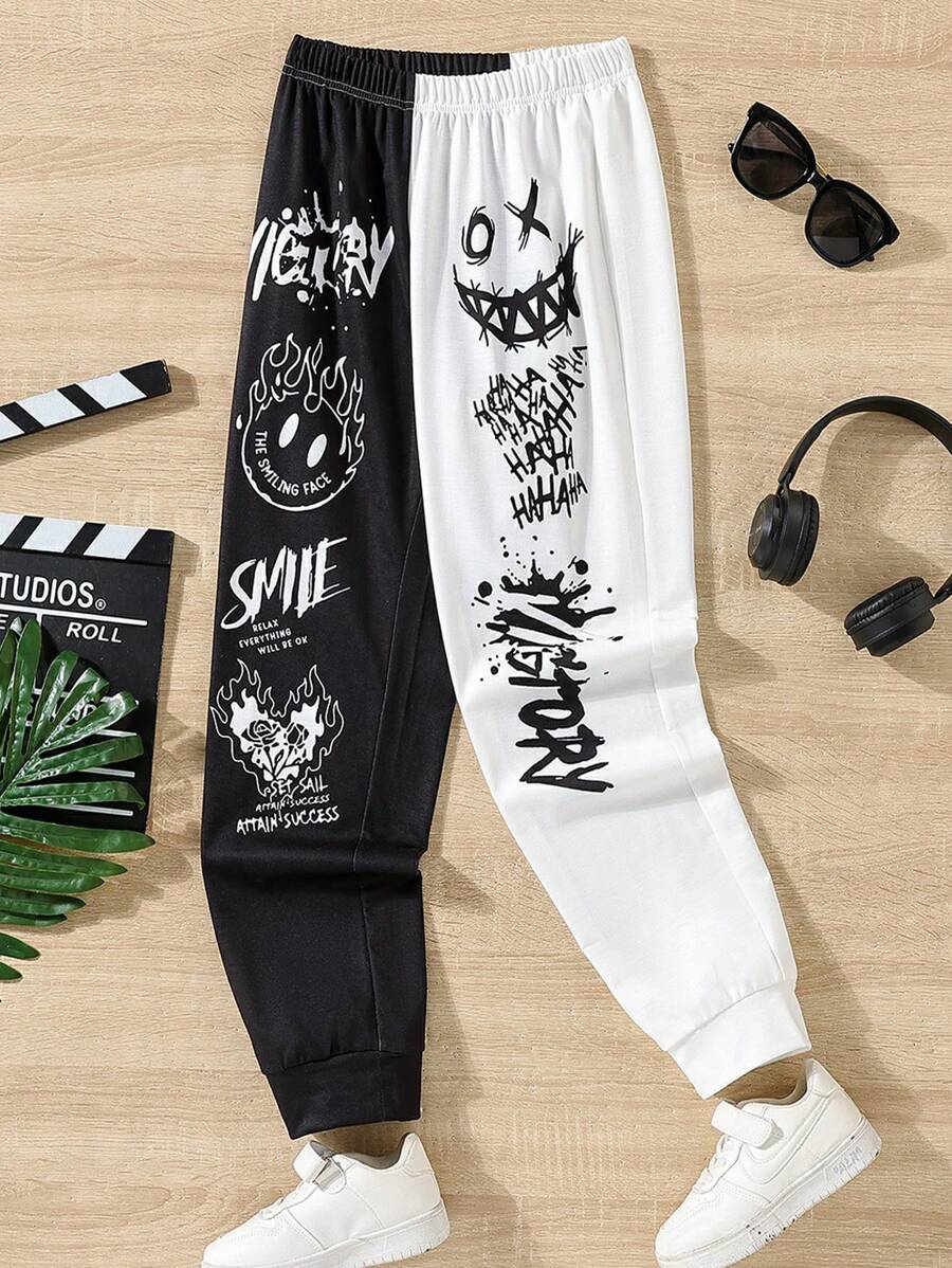 SHEIN Tween Boy Cartoon & Letter Graphic Two Tone Sweatpants - Black and White - View 1