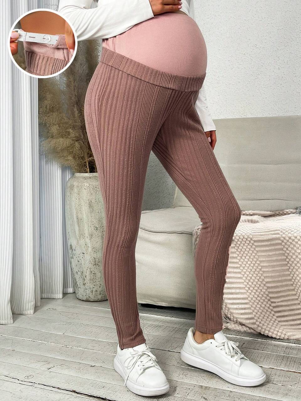 Maternity Adjustable Waist Rib-knit Leggings