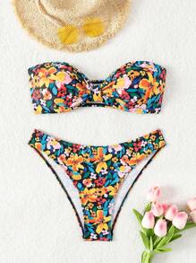 Conjunto de bikini de dos piezas con estampado de flores, para playa de verano - Multicolor - Ver 1