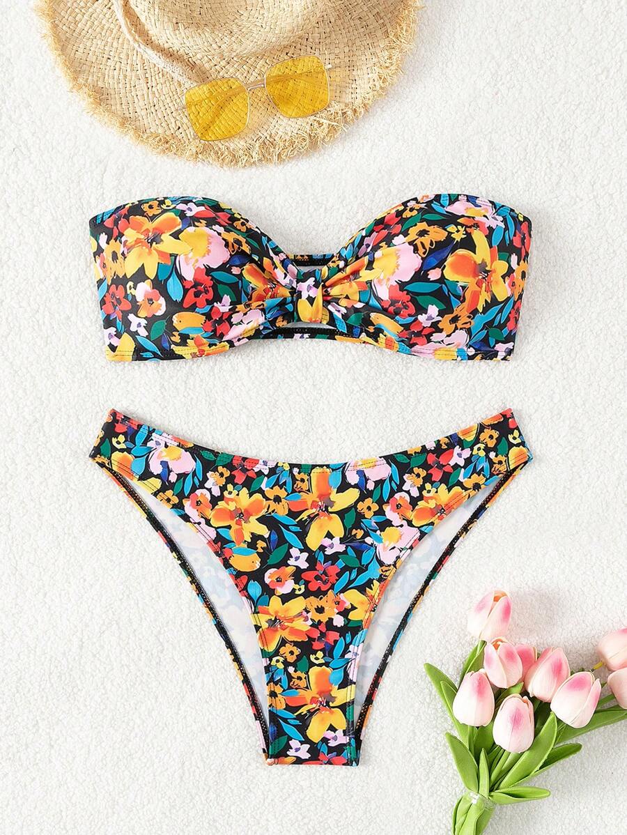 Conjunto de bikini de dos piezas con estampado de flores, para playa de verano - Multicolor - Ver 1