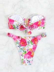 Swim Vcay Summer Beach Floral Print Bandeau Bikini Set - Multicolor - View 3
