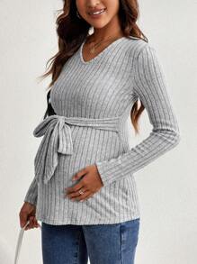 SHEIN Áo thun dệt kim gân có thắt lưng viền cong cho bà bầu, tay dài - Màu Xám nhạt - Xem 6